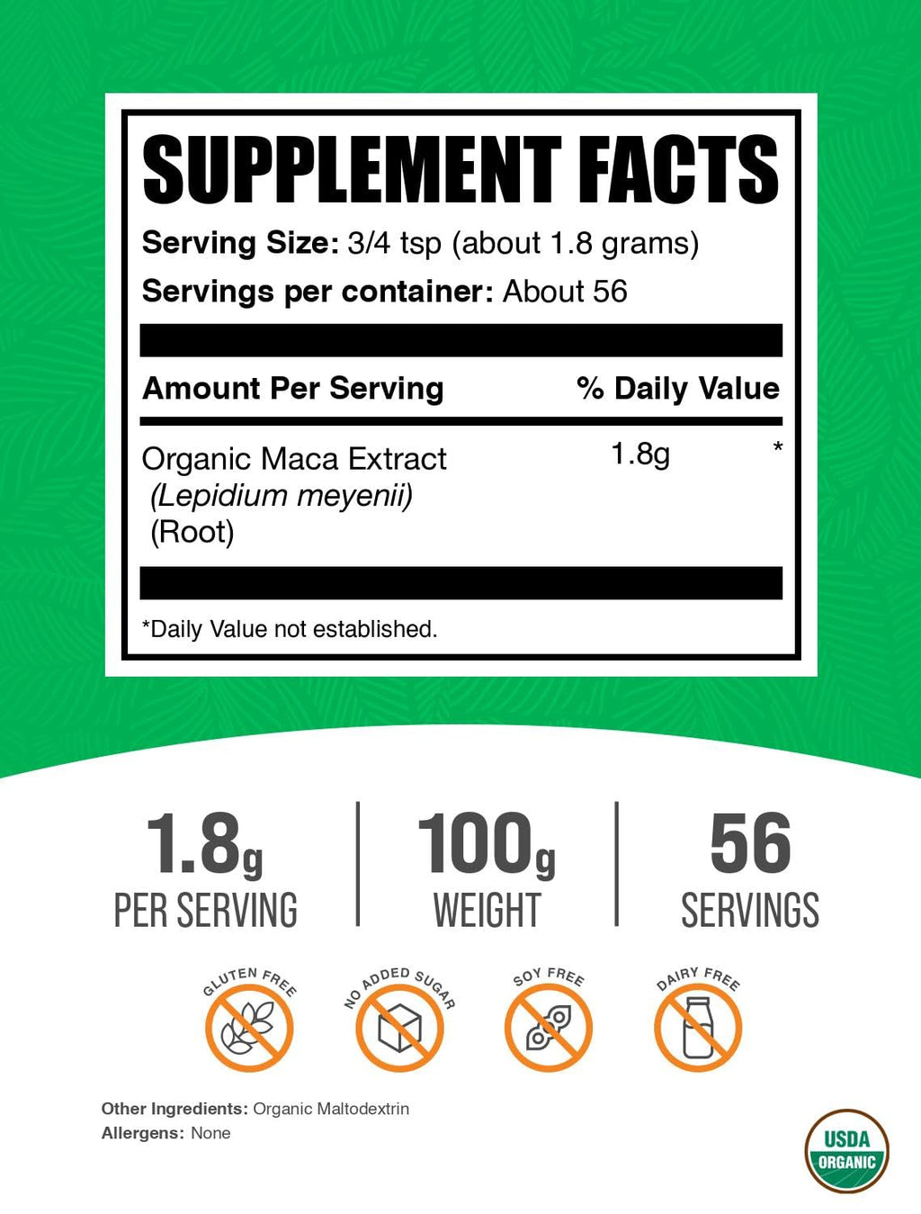 BulkSupplements Organic Maca Root Extract Powder – 100g, Vegan & Gluten Free | 1.8 g per Serving