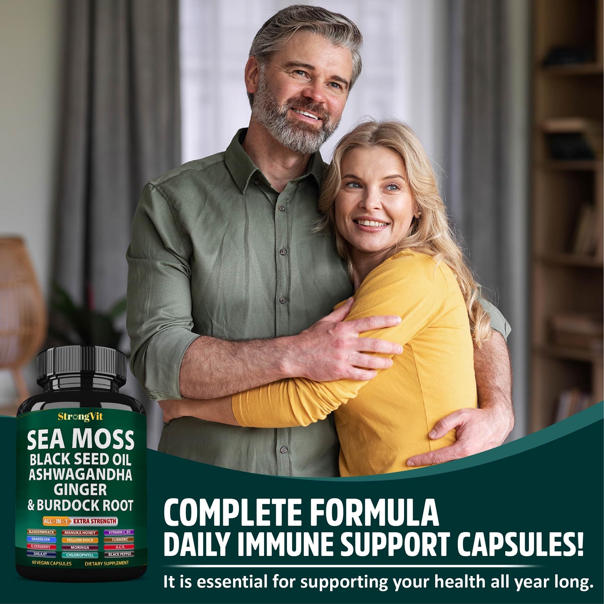 Sea Moss + Black Seed Oil Capsules with Ashwagandha & Ginger – Organic Multimineral Sea Moss (120 Capsules) USA