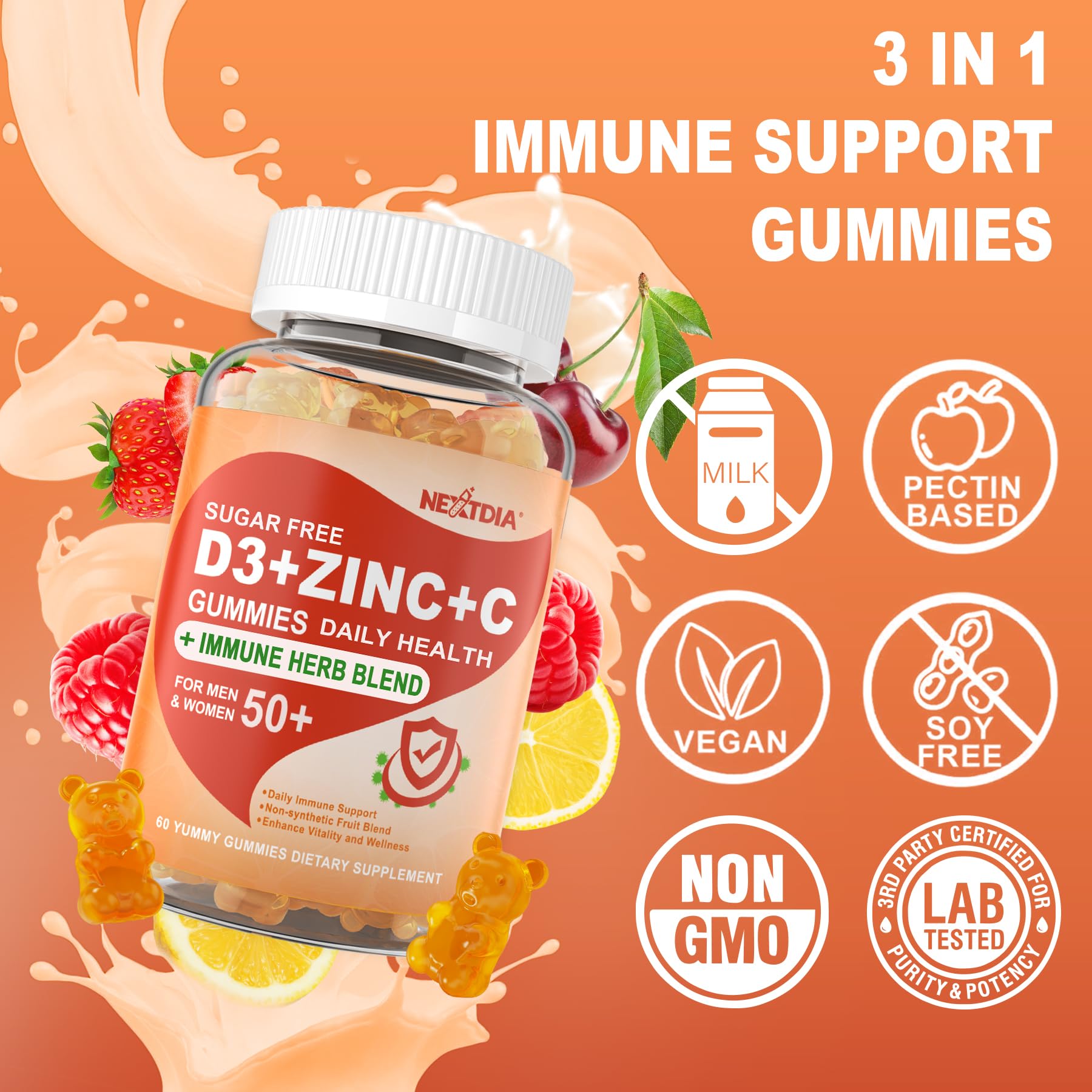 Sugar Free Vitamin C + D3 + Zinc Gummies for Adults 50+ | 9-in-1 Immune Defense (Vegan, Pack of 2)