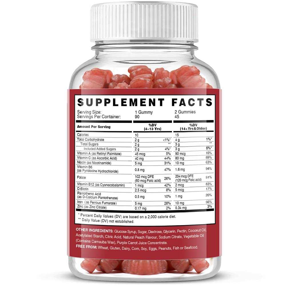 Vegan Iron Gummies with Vitamin C, A, B-Complex, Folate & Zinc – Peach Flavor (90 Ct) for Adults & Kids