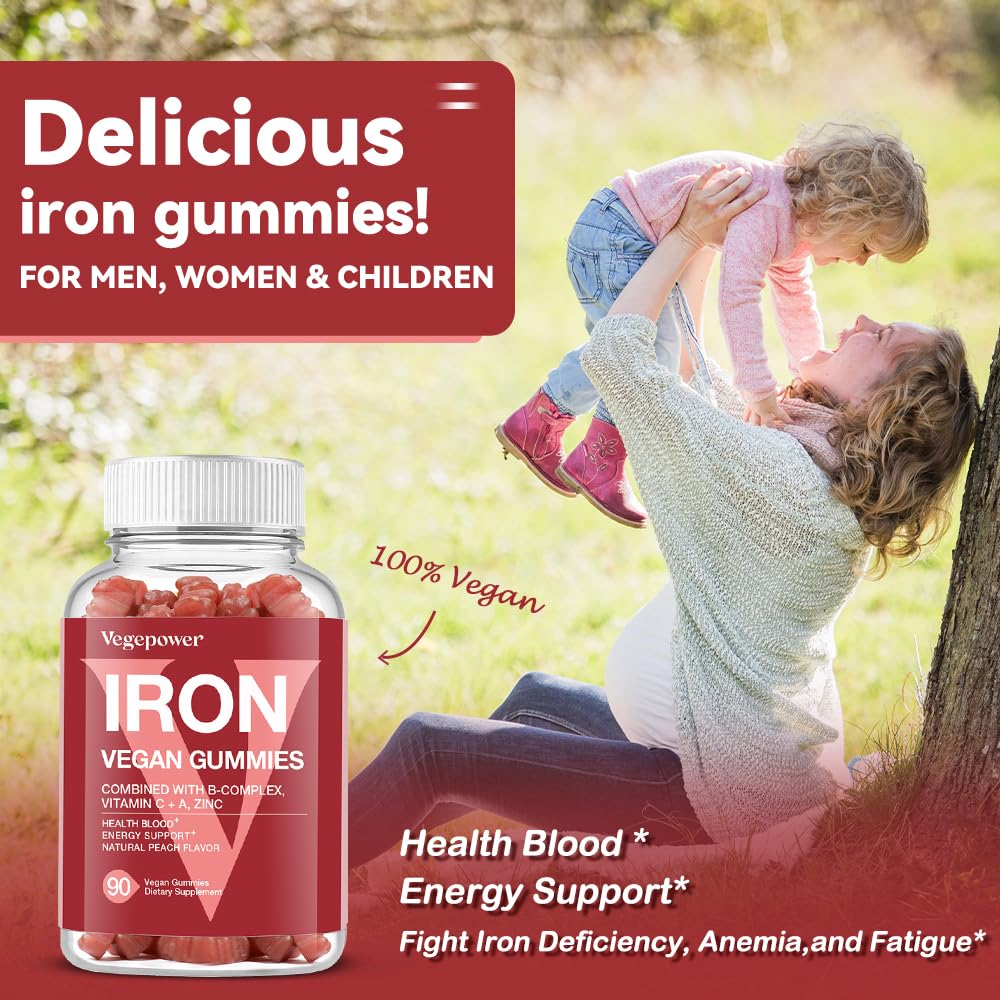 Vegan Iron Gummies with Vitamin C, A, B-Complex, Folate & Zinc – Peach Flavor (90 Ct) for Adults & Kids
