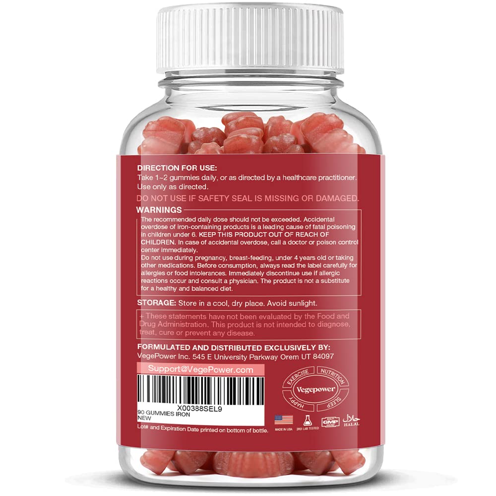 Vegan Iron Gummies with Vitamin C, A, B-Complex, Folate & Zinc – Peach Flavor (90 Ct) for Adults & Kids