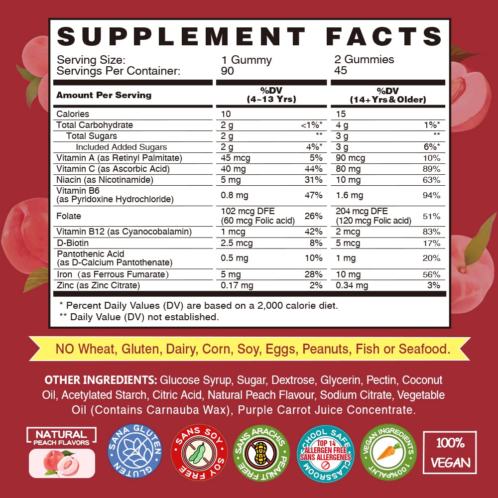 VEGEPOWER Vegan Iron Gummies – Peach Flavor (2 Packs) | Iron, Vitamin C/A/B/Zinc
