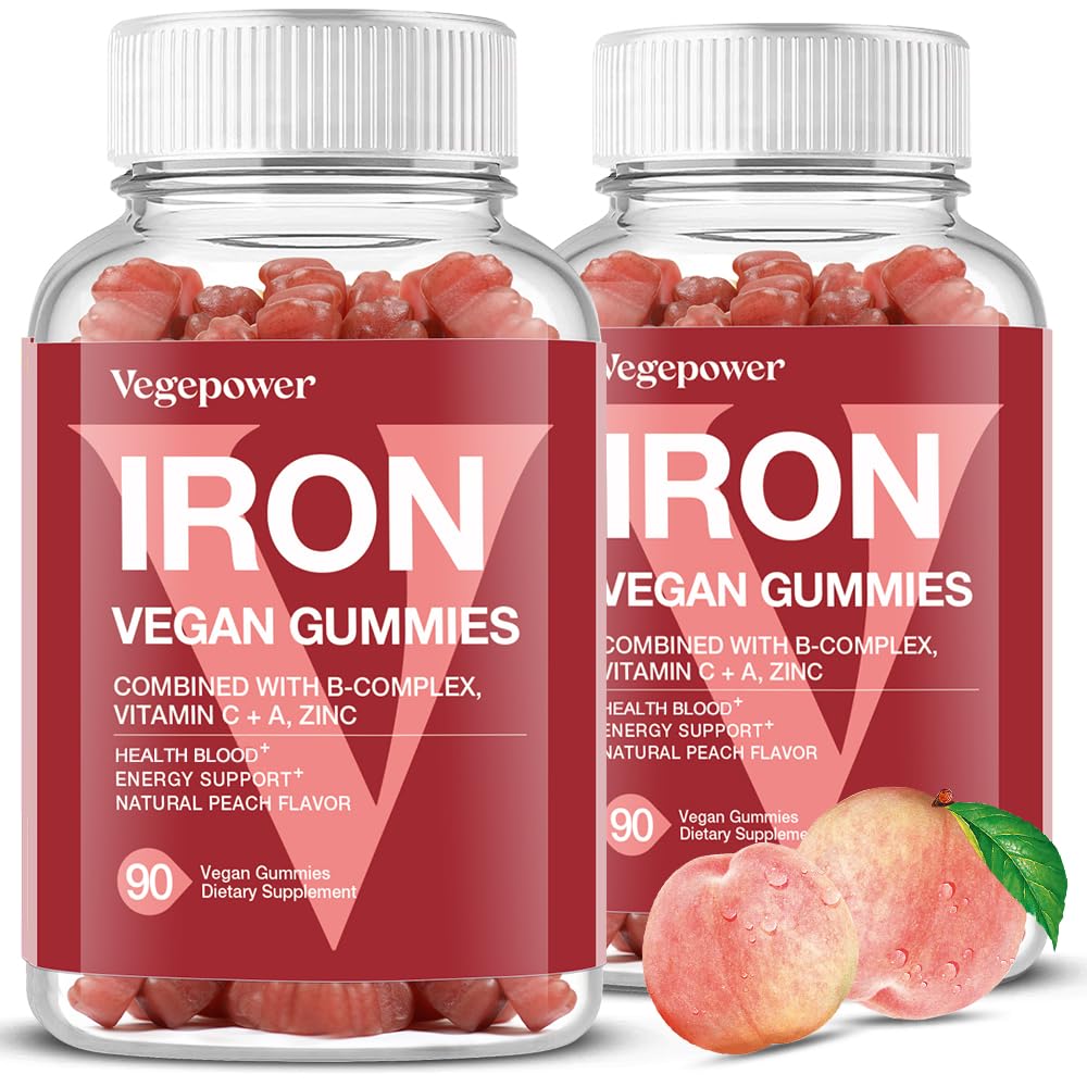 VEGEPOWER Vegan Iron Gummies – Peach Flavor (2 Packs) | Iron, Vitamin C/A/B/Zinc