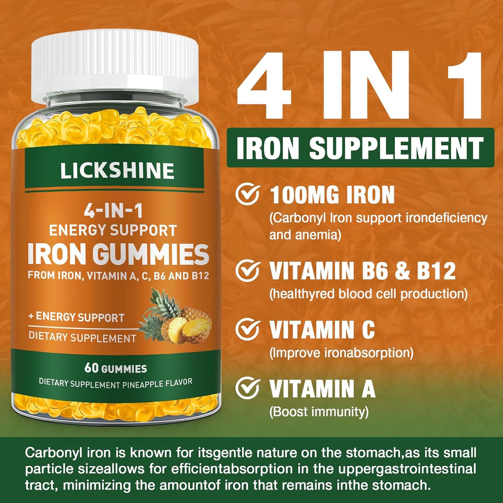 2 Pack Vegan Iron Gummies 100mg – Pineapple Flavor, Vitamin C, A and B – 120 Ct