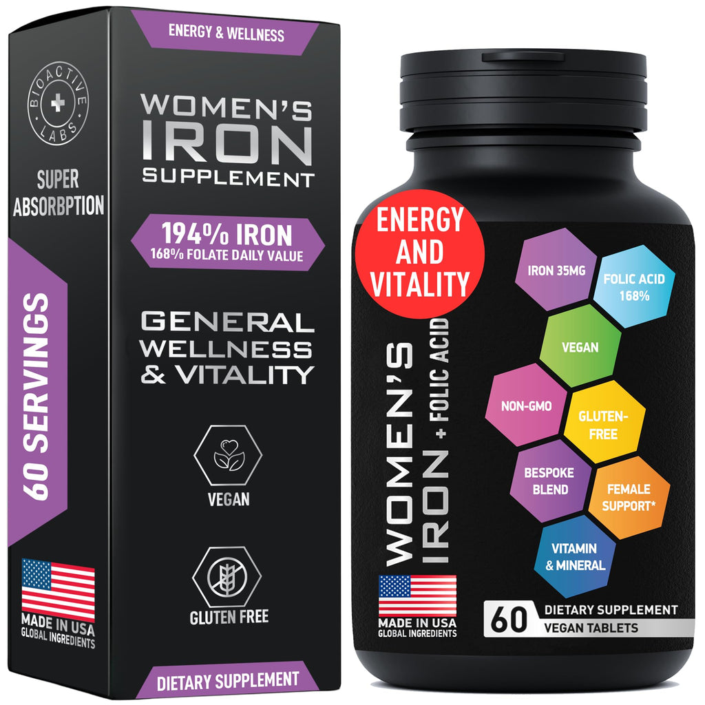 Vegan Iron for Women with Folic Acid | 194% Iron, 168% Folate | Gluten-Free