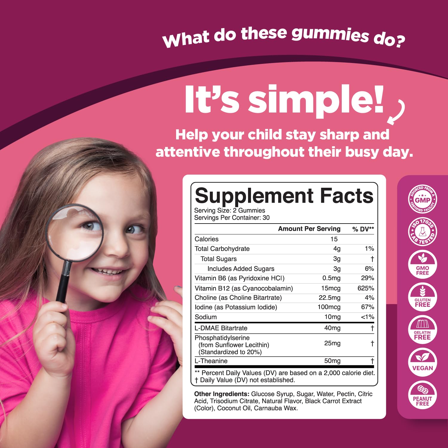 Vegan Kids Focus Gummies – Potent Chewable Brain Support for Children (60 Count, 3 Pack) – Non-GMO & Gluten-Free