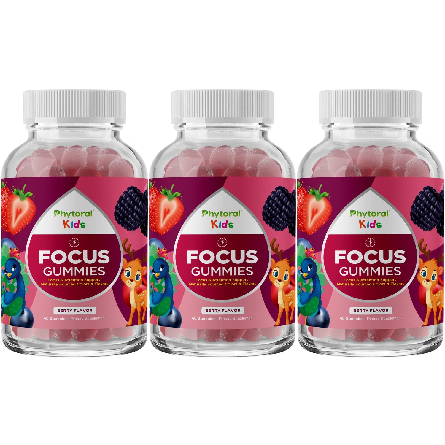 Vegan Kids Focus Gummies – Potent Chewable Brain Support for Children (60 Count, 3 Pack) – Non-GMO & Gluten-Free