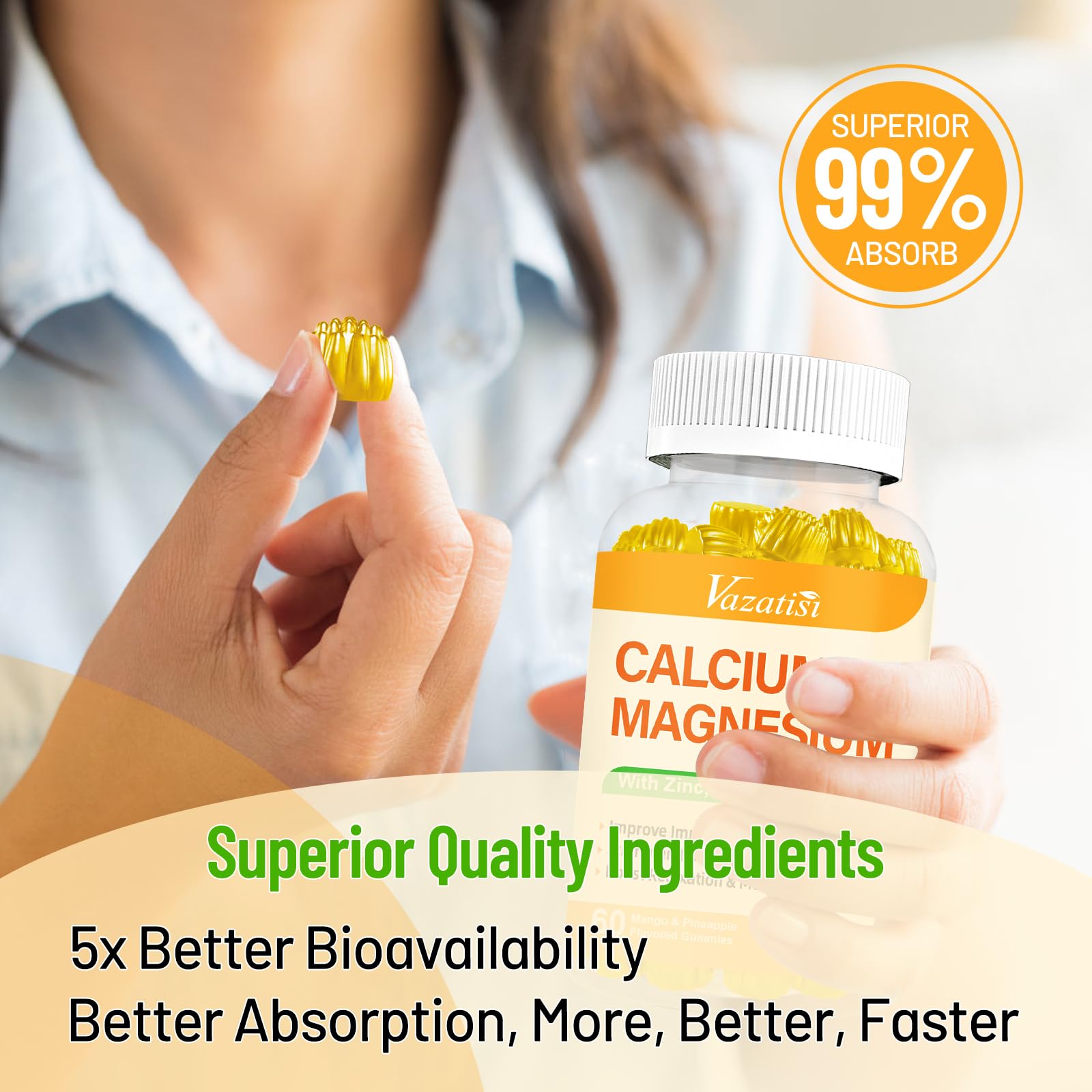 Calcium Magnesium Zinc Gummies with Vitamin D3 & K2 – Vegan Mango-Pineapple, 60 Gummies