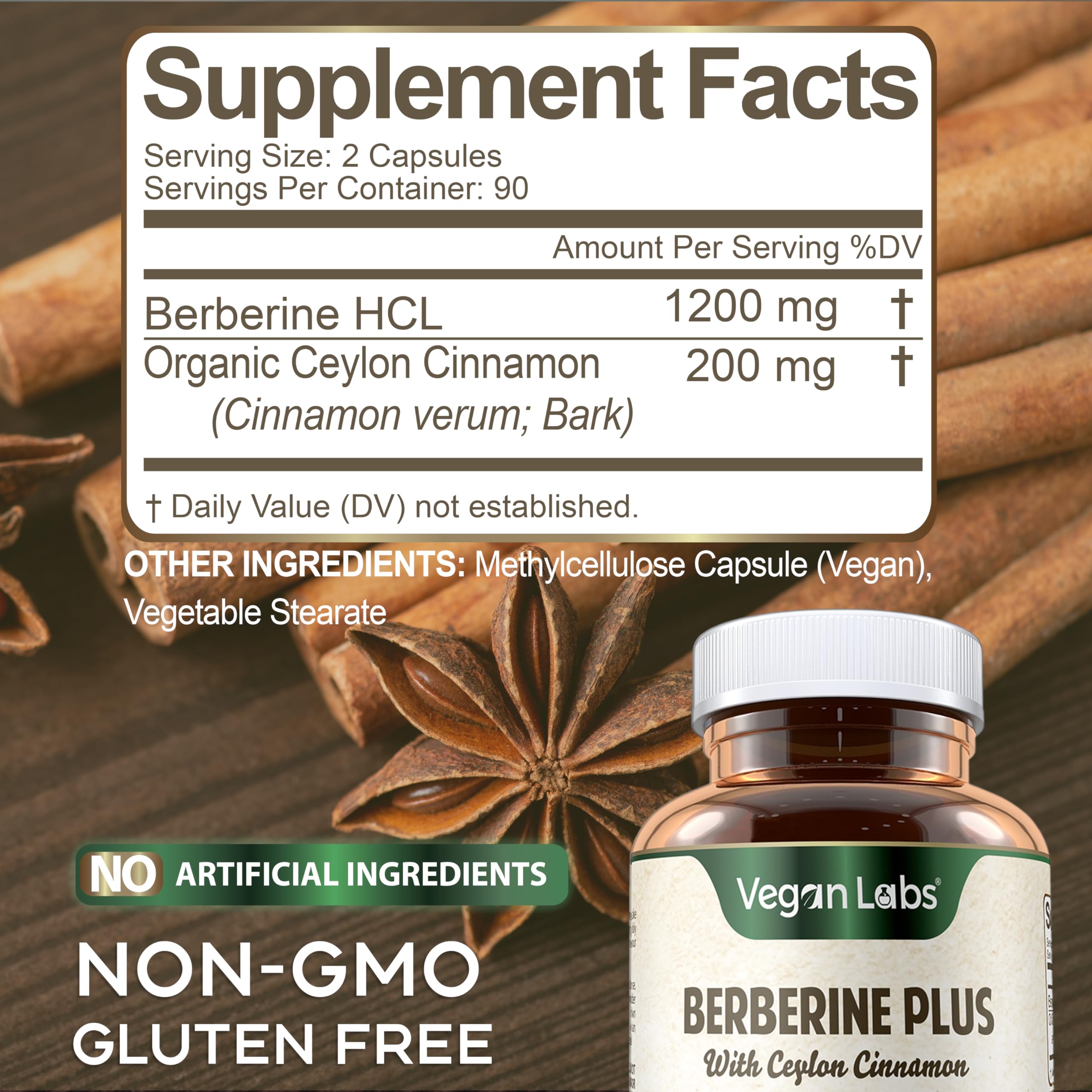 Vegan Labs Berberine HCL 1200MG with Organic Ceylon Cinnamon - 180 Vegan Capsules