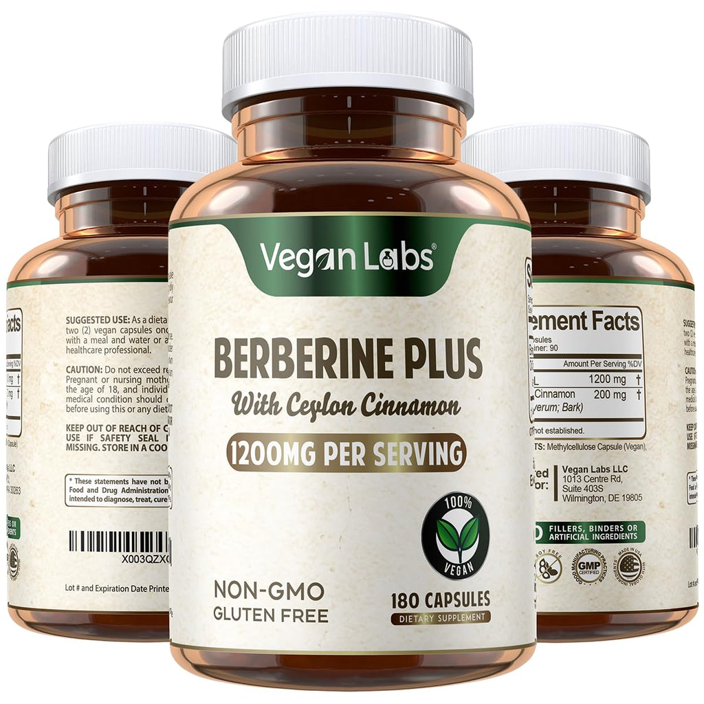 Vegan Labs Berberine HCL 1200MG with Organic Ceylon Cinnamon - 180 Vegan Capsules