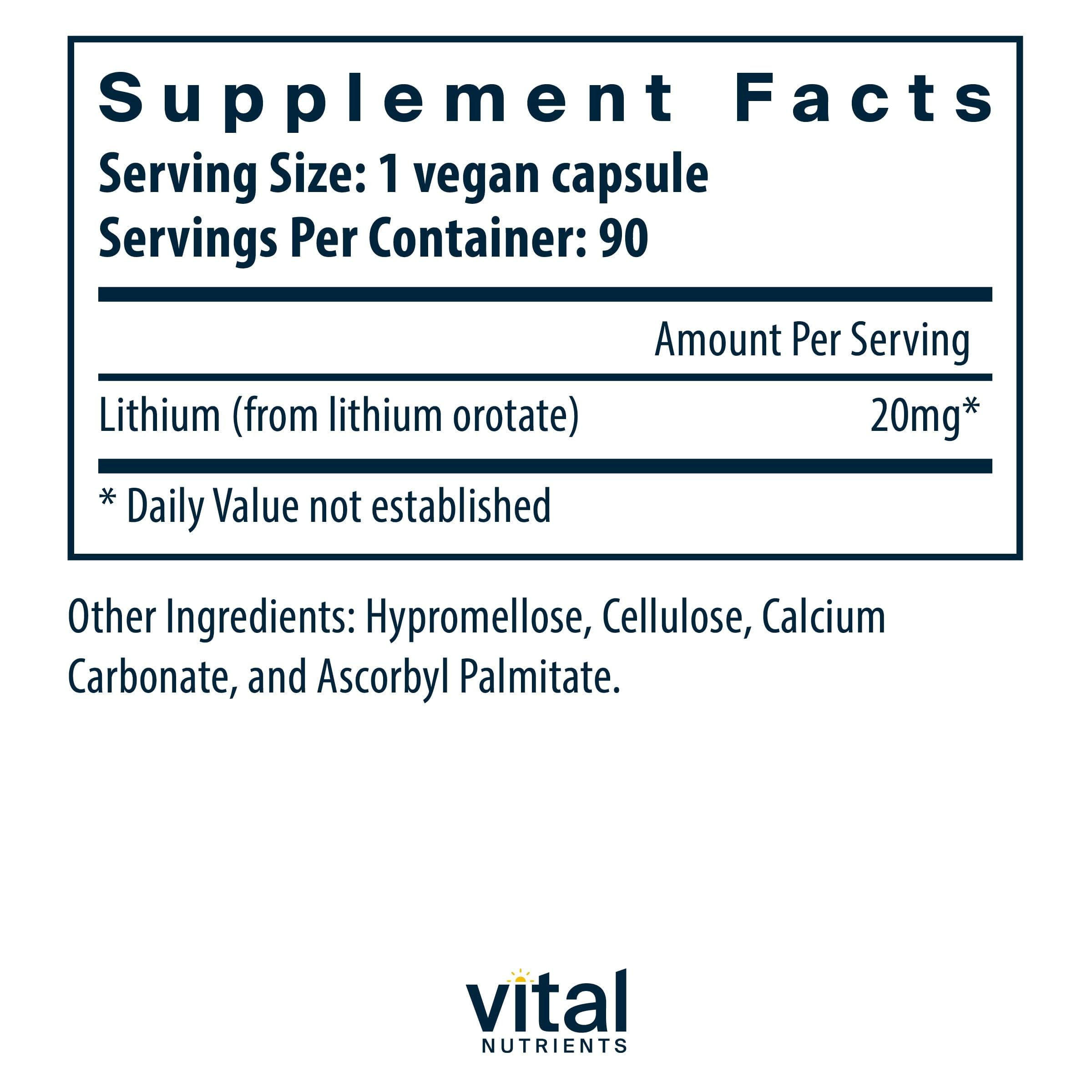 Vital Nutrients Lithium Orotate | Vegan Lithium Supplements for Memory, State of Mind, and Behavioral Health* | 20mg | Gluten, Dairy, Soy Free | 90 Capsules
