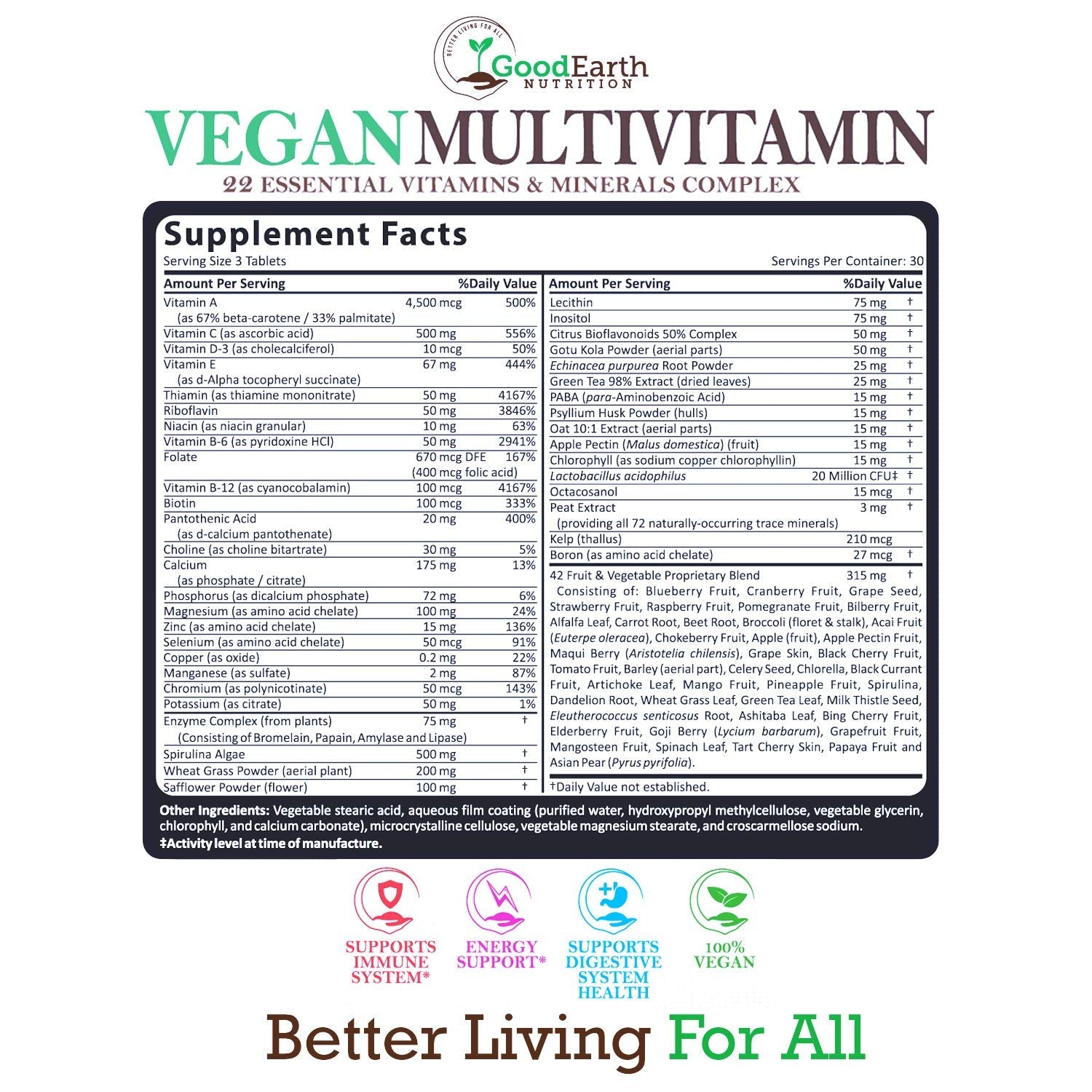 Vegan Multivitamins for Men & Women – Daily Multivitamin with A, B, C, D3 & Zinc