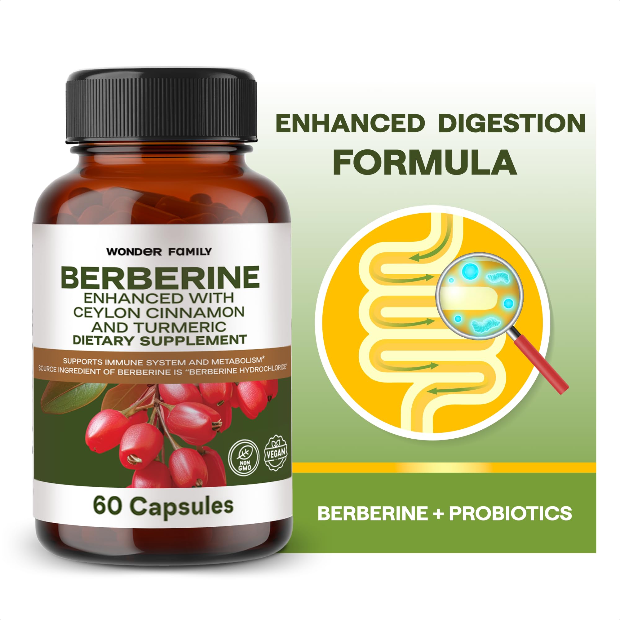 Berberine 500 mg with Probiotics + Vitamins D & K | 60 Capsules | 1 Month Supply