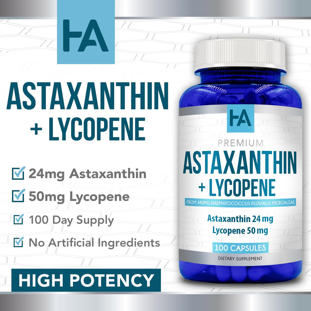 Astaxanthin & Lycopene Supplement – 50mg Lycopene, 24mg Astaxanthin | Vegan, Non-GMO (100 Veggie Capsules)