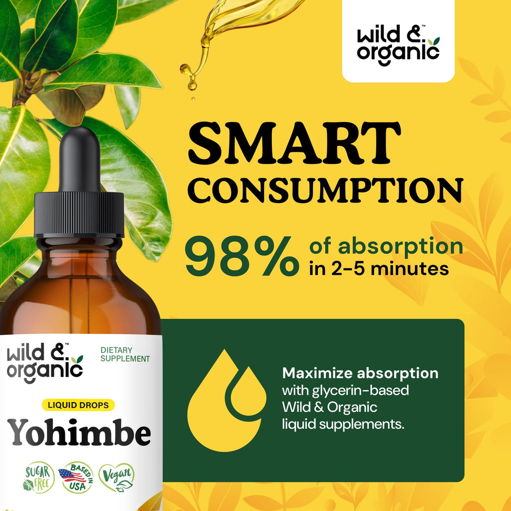 Wild & Organic Yohimbe Supplements for Men & Women - 5 mg Yohimbine Extract Tincture - Alcohol-Free Yohimbe Bark Drops - Vegan, Non-GMO & Sugar-Free - 4 fl oz