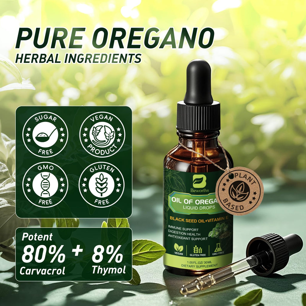 Oregano Oil Drops with Black Seed Oil & Vitamin E – Immune Support | Vegan & Non-GMO | 1 Fl Oz