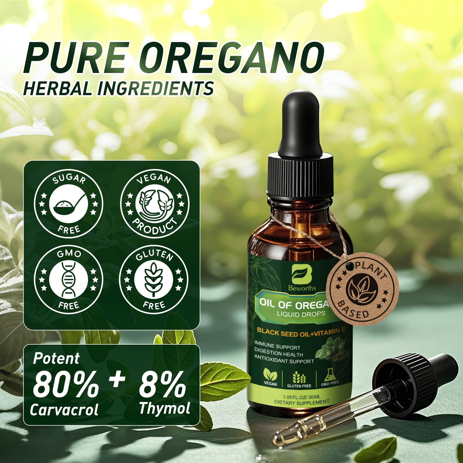 Oregano Oil Drops with Black Seed Oil & Vitamin E – Immune Support | Vegan & Non-GMO | 1 Fl Oz