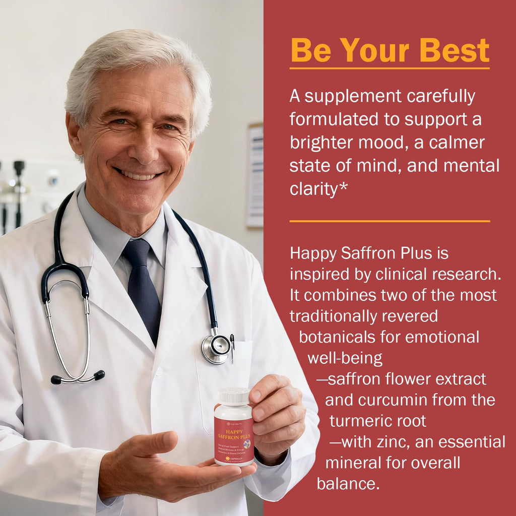 Happy Saffron Plus - 90 Vegan Capsules | Mood Balance & Eye Health | Non-GMO, Gluten Free