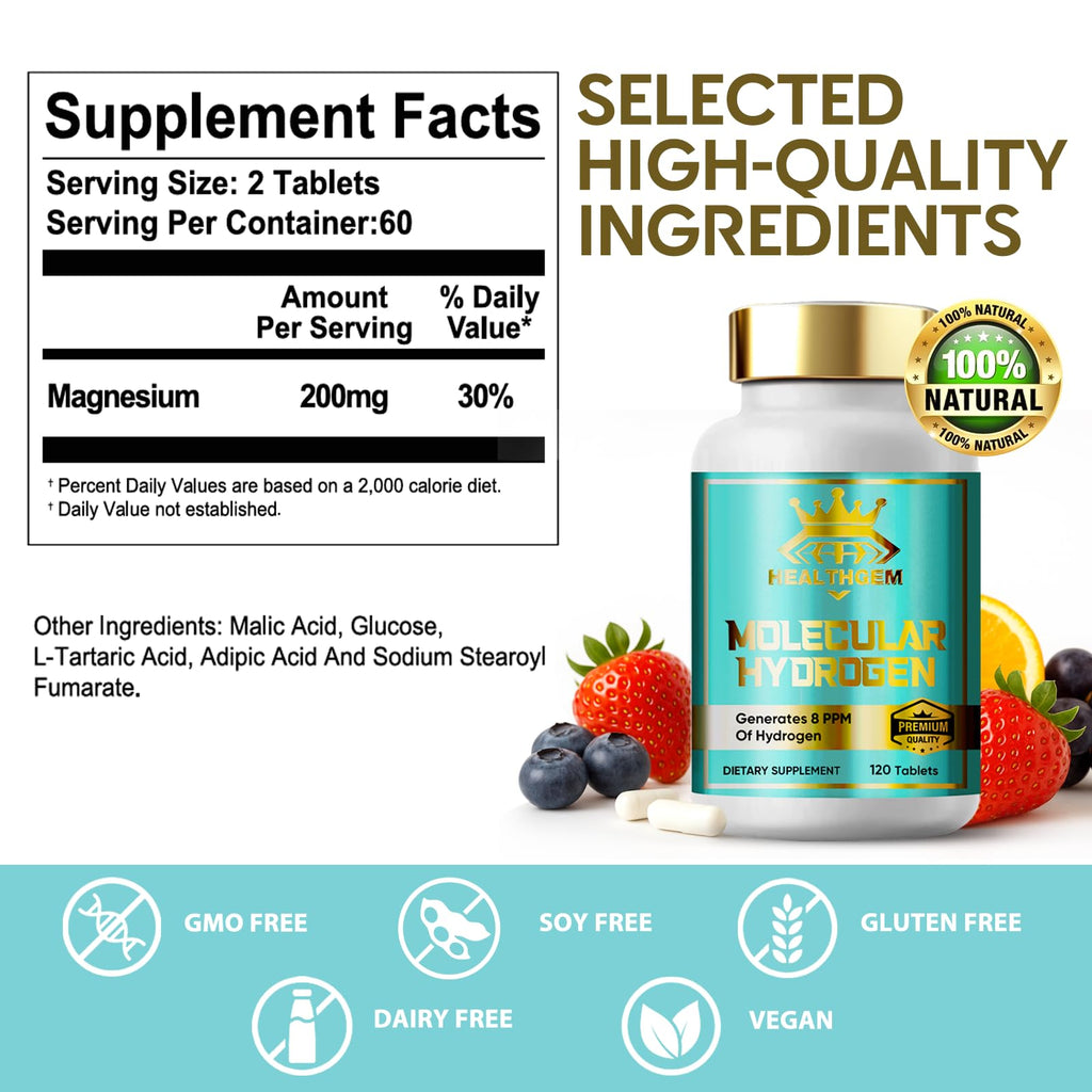 Hydrogen Water Tablets with Magnesium – H2 Molecular Hydrogen Supplements for Brain Health & Cognitive Support (120 Capsules) – Non-GMO, Vegan, Gluten Free