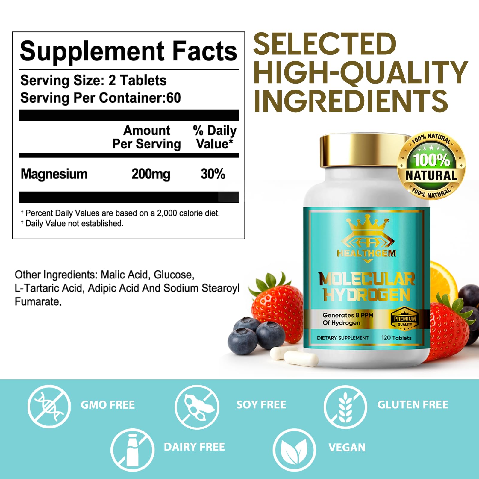 Hydrogen Water Tablets with Magnesium – H2 Molecular Hydrogen Supplements for Brain Health & Cognitive Support (120 Capsules) – Non-GMO, Vegan, Gluten Free