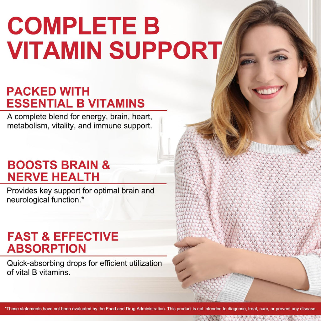 Vitamin B Complex Liquid Drops – Vegan B12 (Methylcobalamin) with B1, B3, B6, B9 and Niacin – 40 Servings