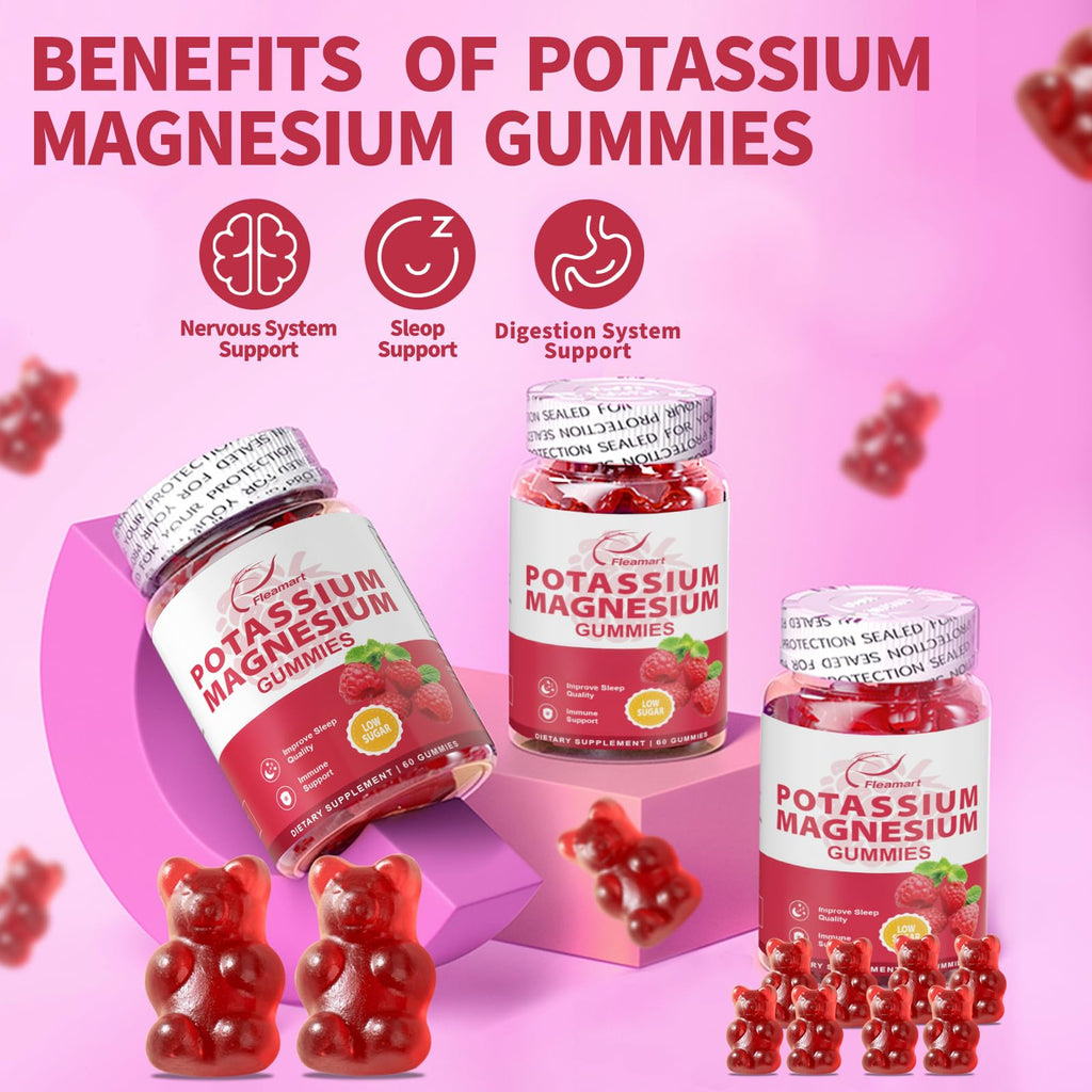 Potassium Magnesium Gummies – Potassium Citrate 99mg & Magnesium Citrate 250mg | Immune Support Raspberry, 60 Gummies (2 Pack)