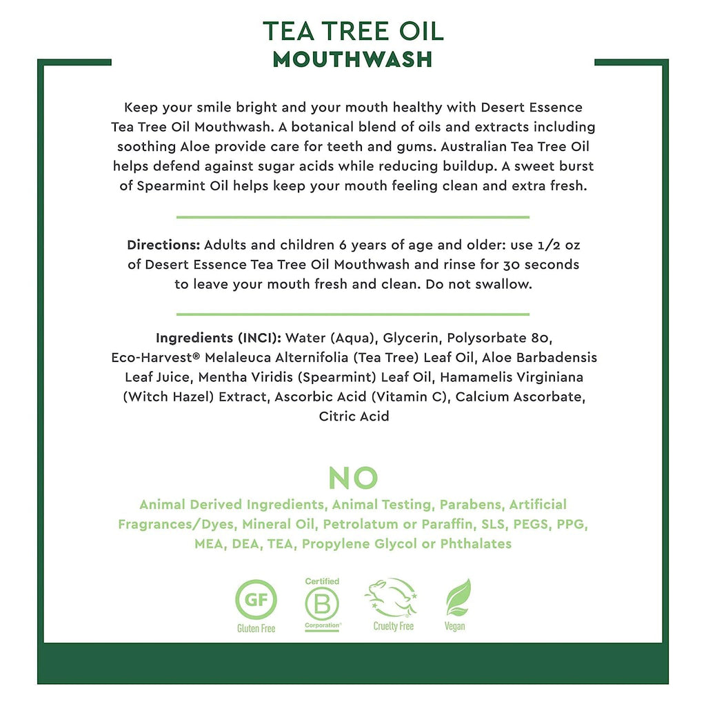 Desert Essence Sugar-Free Alcohol-Free Mouthwash with Tea Tree Oil & Aloe – Spearmint, 8oz | Vegan, Non-GMO, SLS-Free