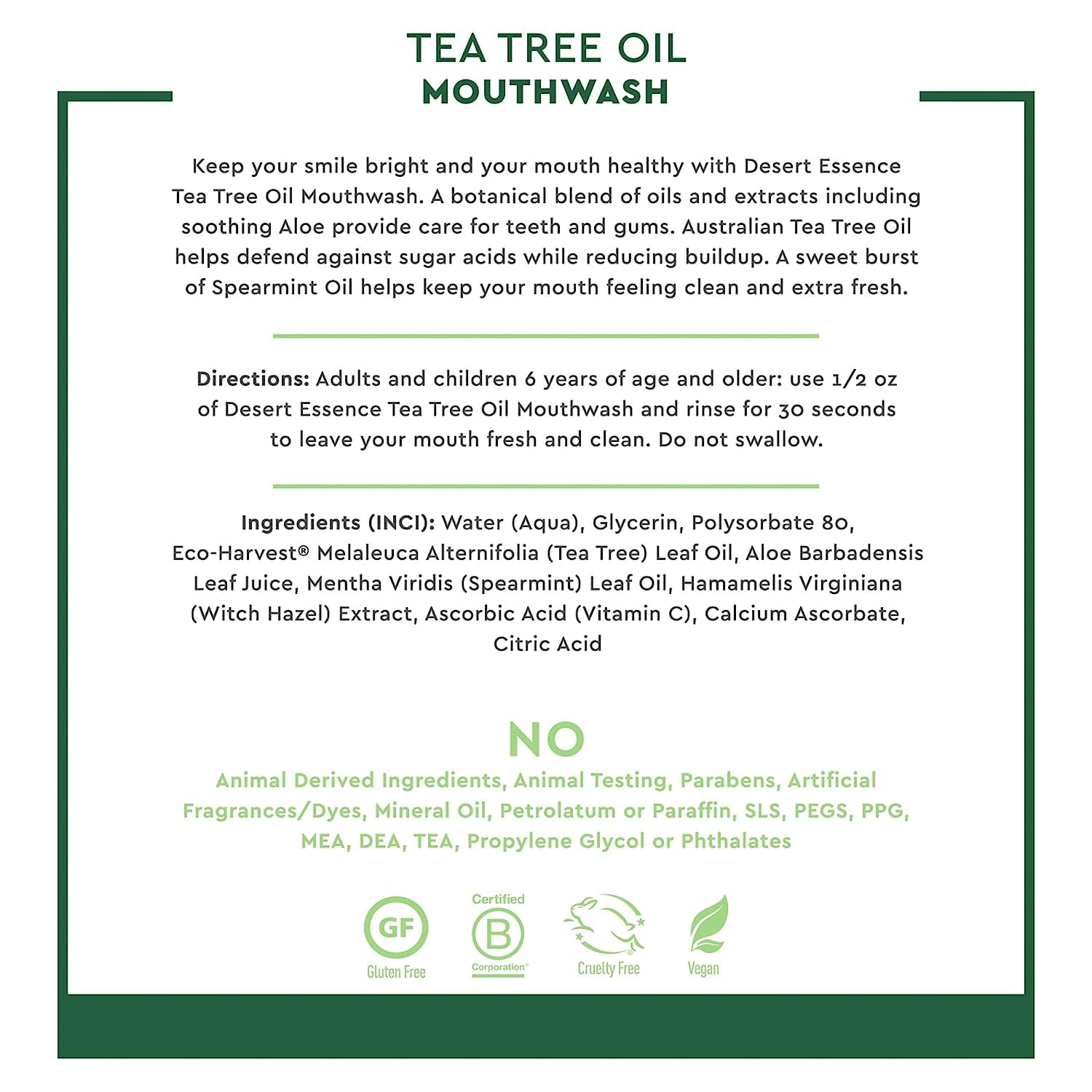 Desert Essence Sugar-Free Alcohol-Free Mouthwash with Tea Tree Oil & Aloe – Spearmint, 8oz | Vegan, Non-GMO, SLS-Free