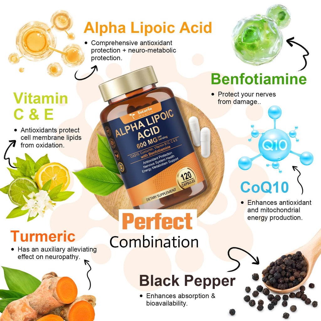 Alpha Lipoic Acid 600mg with Benfotiamine 300mg – Nerve Health & Antioxidant Support (120 Veg Caps)