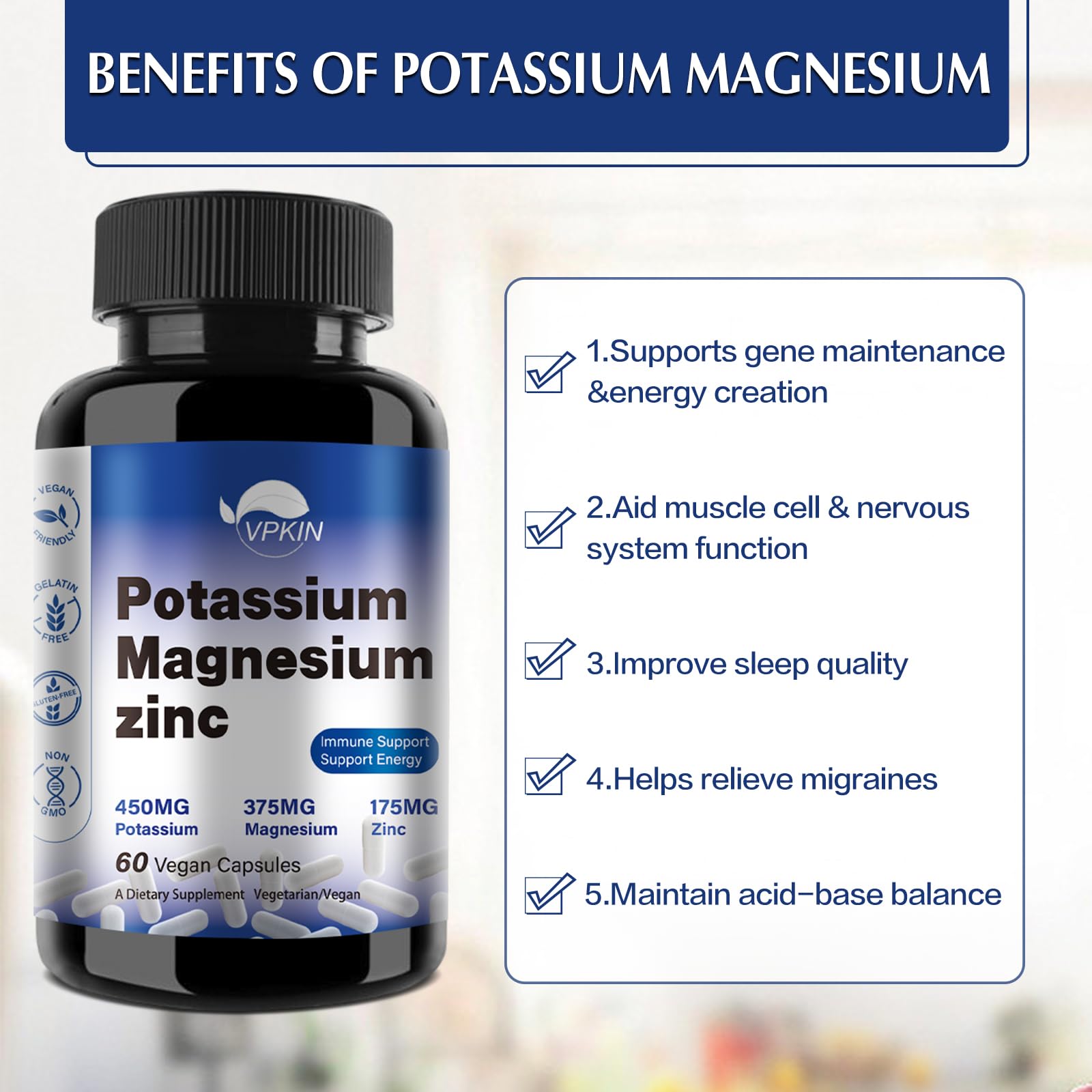 Potassium Magnesium 1000mg Supplement | Leg Cramps Relief | High Absorption | Vegan (60 Capsules)