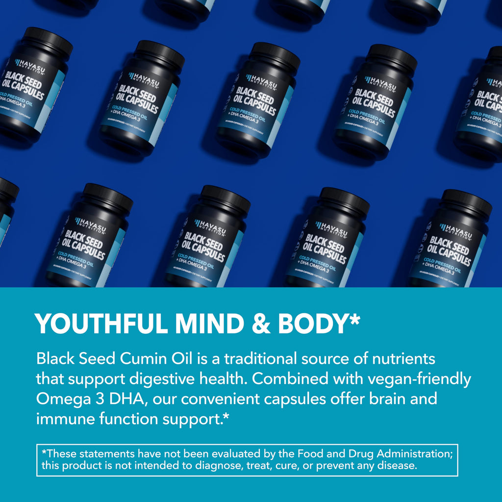 Black Seed Oil with DHA for Brain Health – Cold Pressed Black Cumin Seed Oil, DHA Omega-3 (60 Capsules) – Vegan, Non-GMO, Gluten-Free, 1 Month Supply