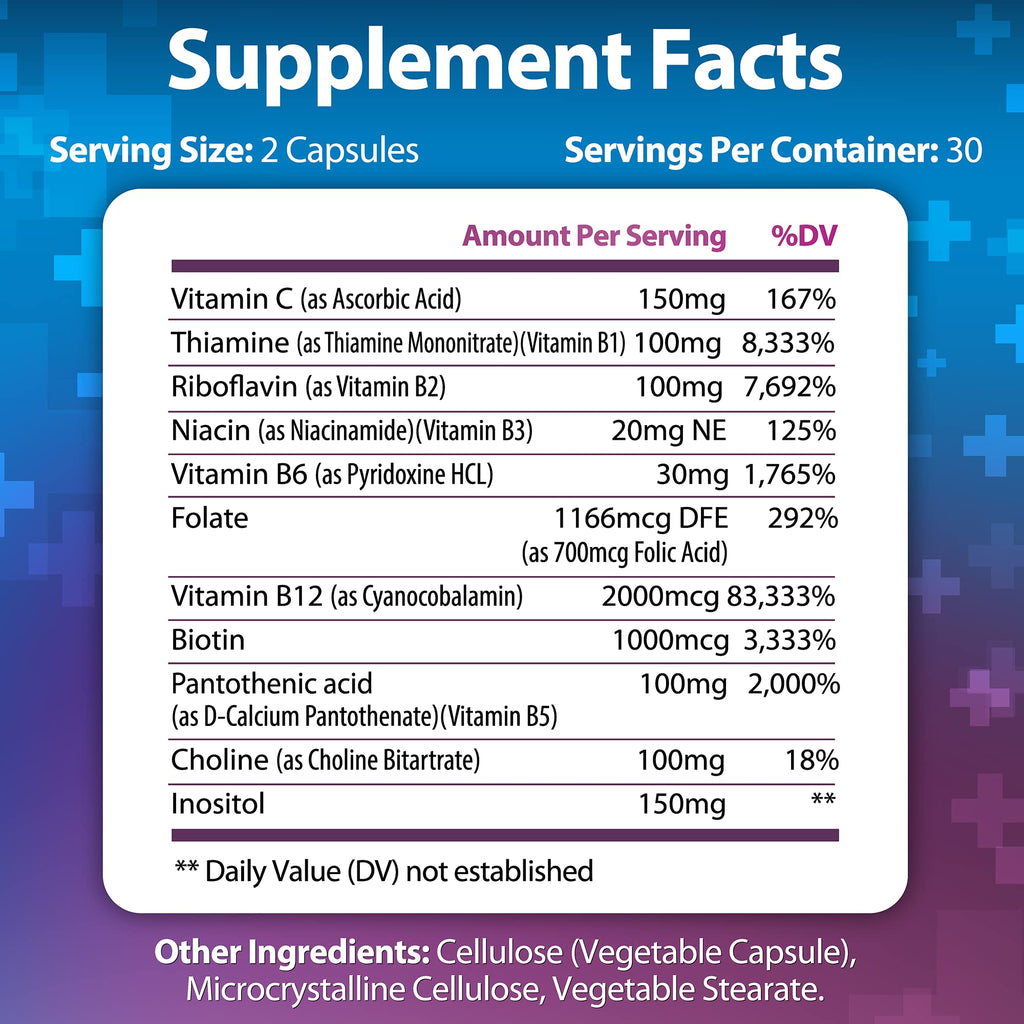 Vitamin B Complex + Vitamin C - Immune, Energy & Metabolism Support | 60 Caps | Vegan
