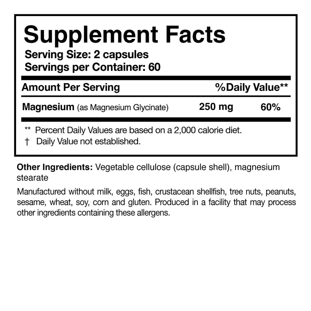Magnesium Glycinate 125mg Capsules – 120 Vegan, Non-GMO | Researched Nutritionals
