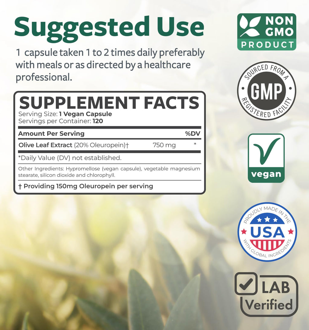 Super Strength Olive Leaf Extract Capsules 750mg – 20% Oleuropein | Vegan, Non-GMO Immunity, Skin & Heart Health – Made in USA (4 Month Supply)