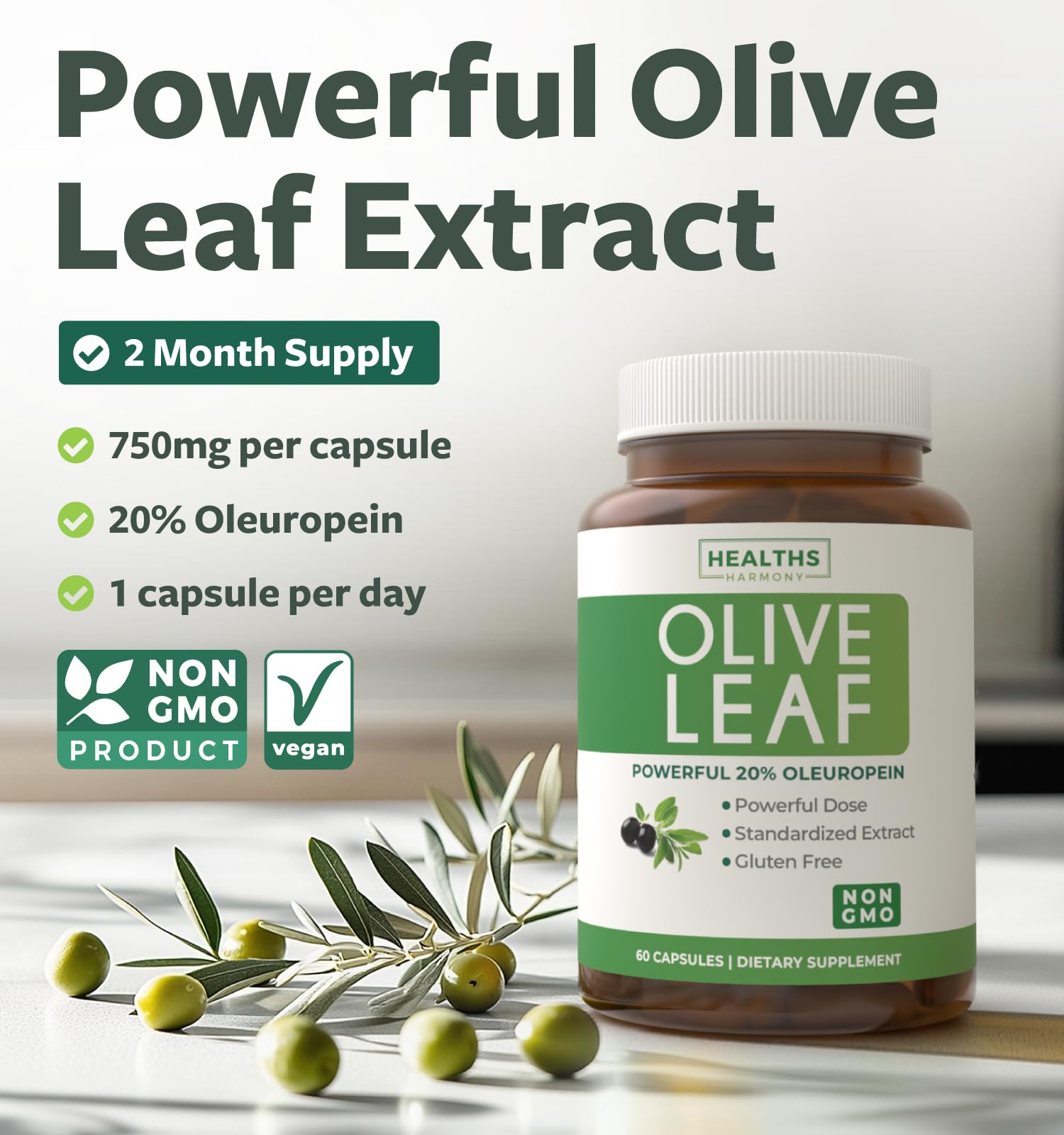 Super Strength Olive Leaf Extract Capsules – 750mg, 20% Oleuropein, Vegan & Non-GMO | Made in USA (2 Month Supply)