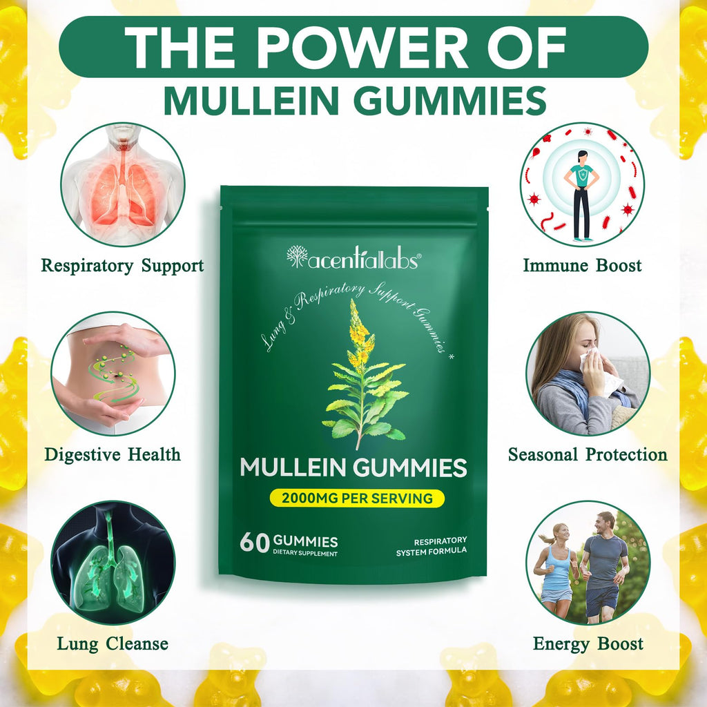 Mullein Gummies - Mullein Leaf Extract for Lungs, 2000mg Mullein Gummies for Lungs Detox, Respiratory Digestive Immune Support, 60 Count