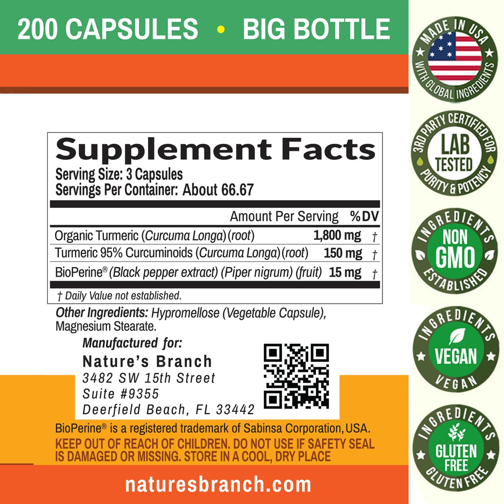 Turmeric Curcumin with Black Pepper – Organic, 1965mg, 200 Capsules