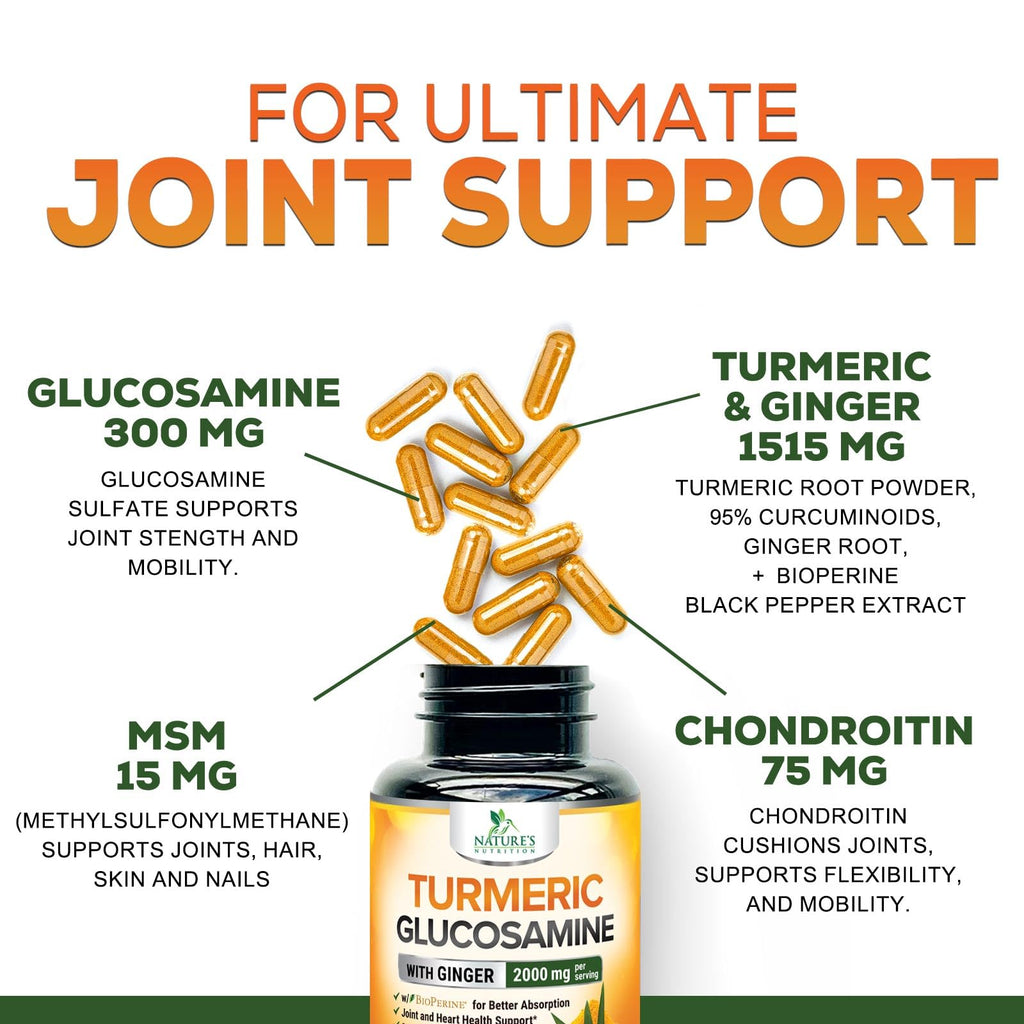 Turmeric Curcumin 2000mg with Glucosamine & Ginger – BioPerine, 240 capsules, USA Made
