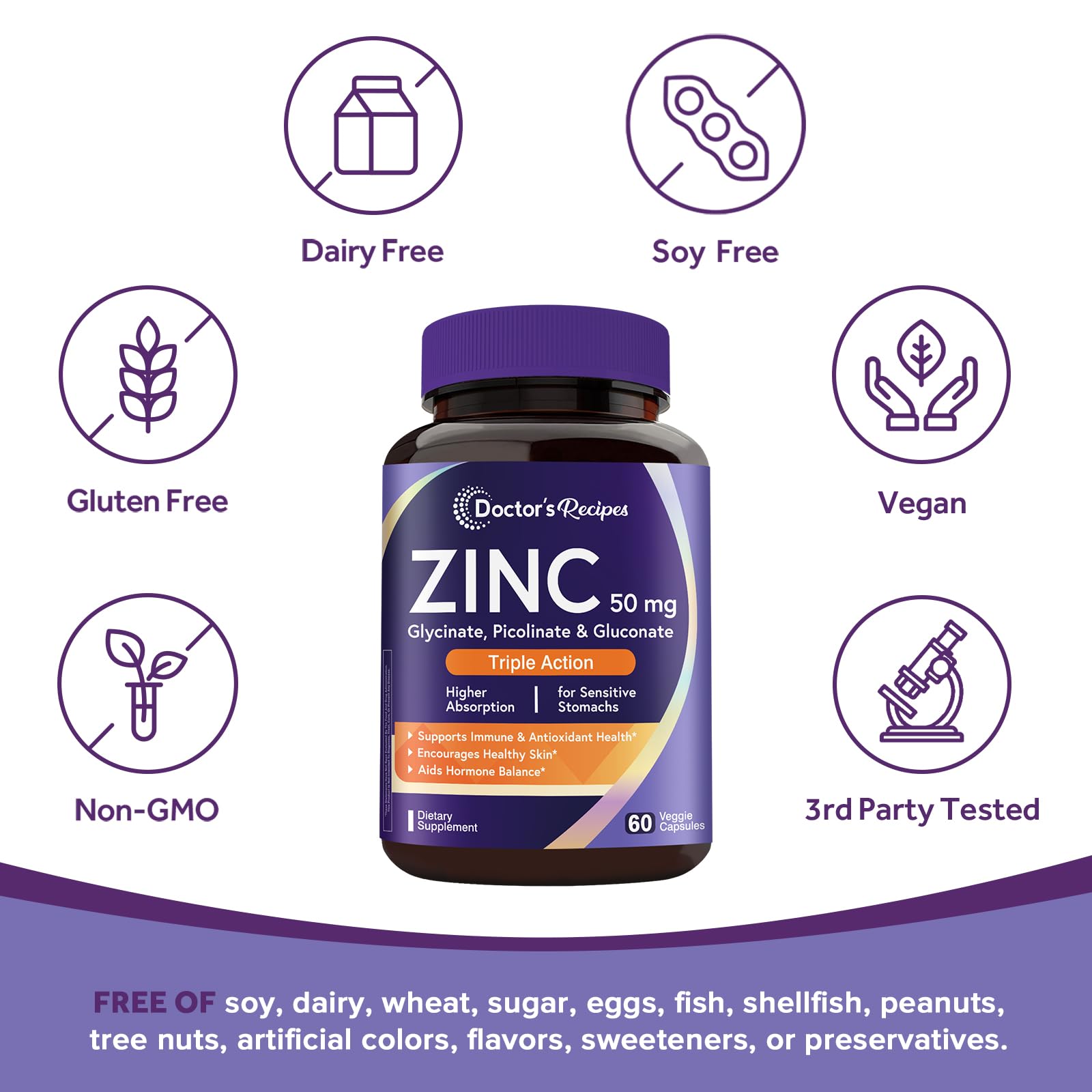 Doctor's Recipes Zinc Supplement 50mg – Triple Action Immune Support | 60 Capsules