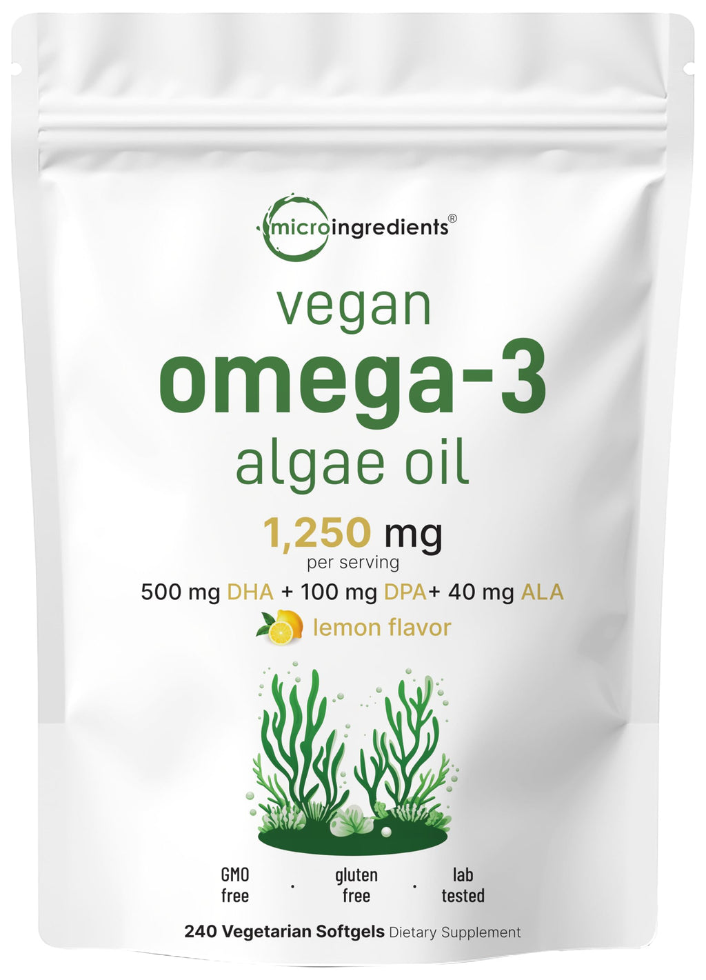 Micro Ingredients Vegan Omega-3 Algae Oil – 240 Veggie Softgels, DHA 500mg