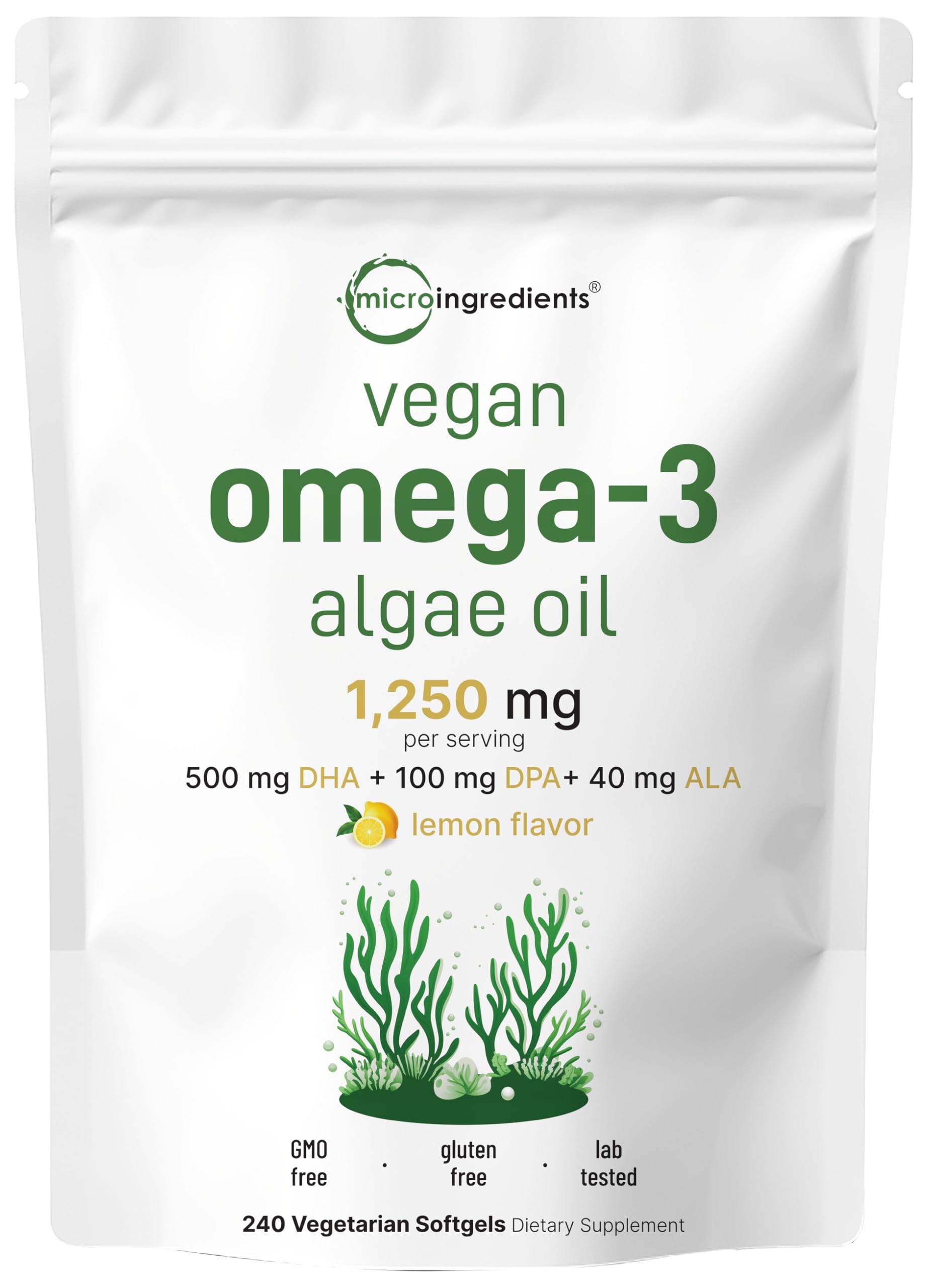 Micro Ingredients Vegan Omega-3 Algae Oil – 240 Veggie Softgels, DHA 500mg