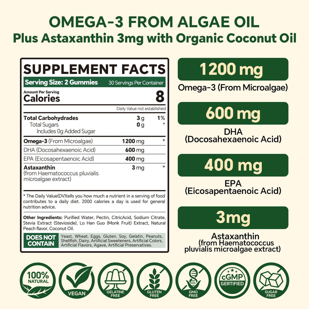 Vegan Omega 3 Gummies 1200mg - Dual Layer Algae DHA 600mg / EPA 400mg
