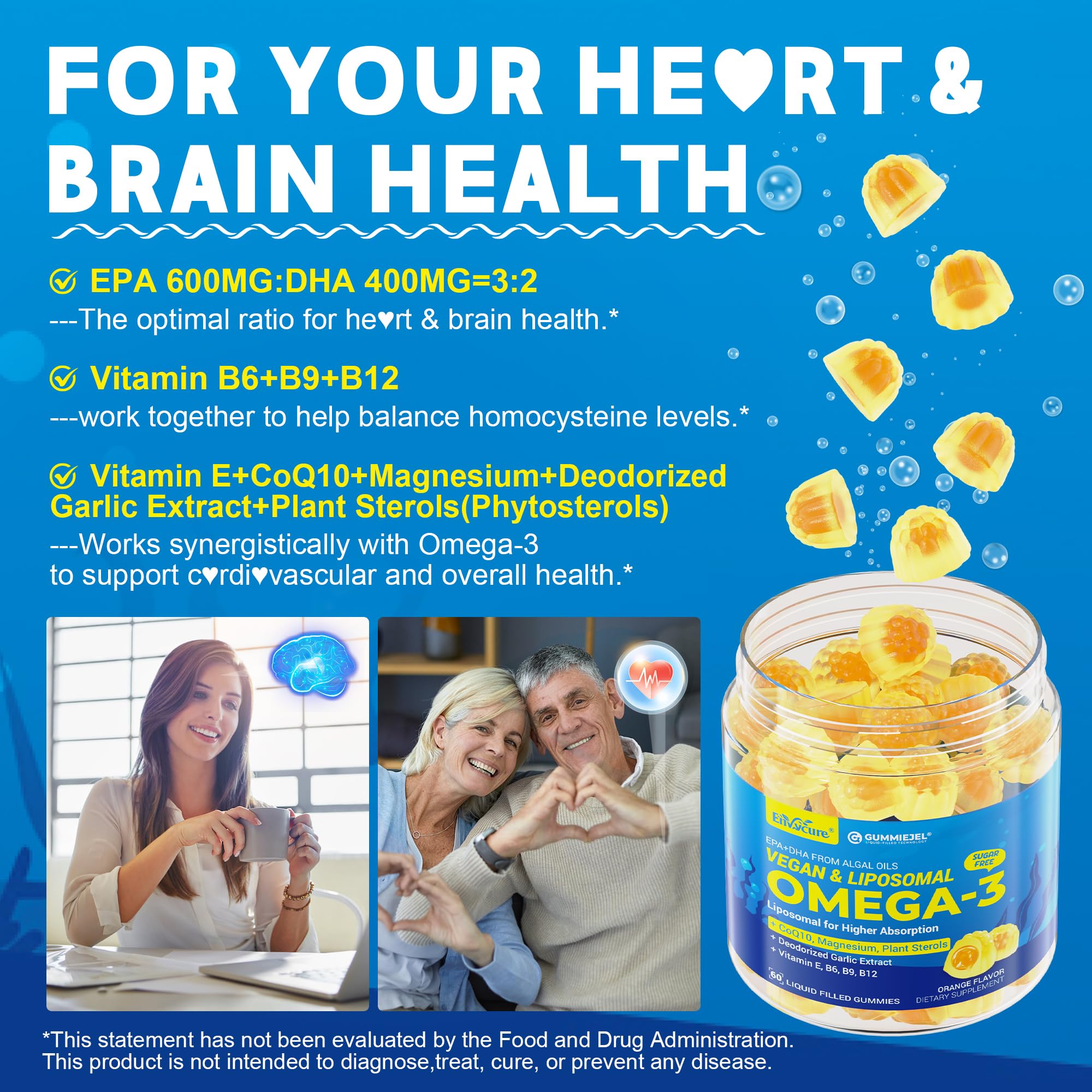 EnvyCure Vegan Omega-3 Gummies 1000mg + CoQ10 + Magnesium – EPA 600mg DHA 400mg, Liposomal Algae, 2-Pack