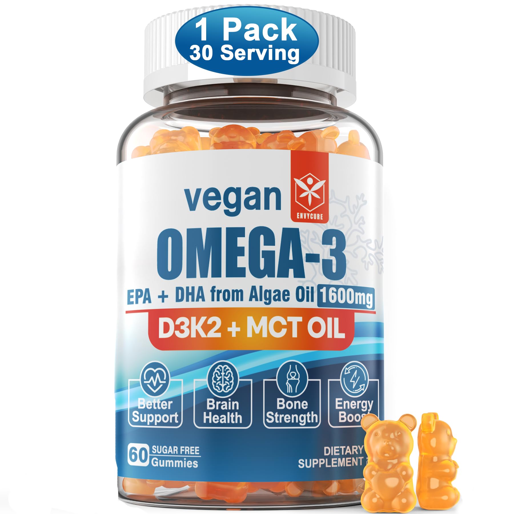 Vegan Omega-3 Gummies 1280mg + Vitamin D3 K2 (MK7) – Algae EPA 600mg & DHA 400mg, MCT Oil, Sugar Free