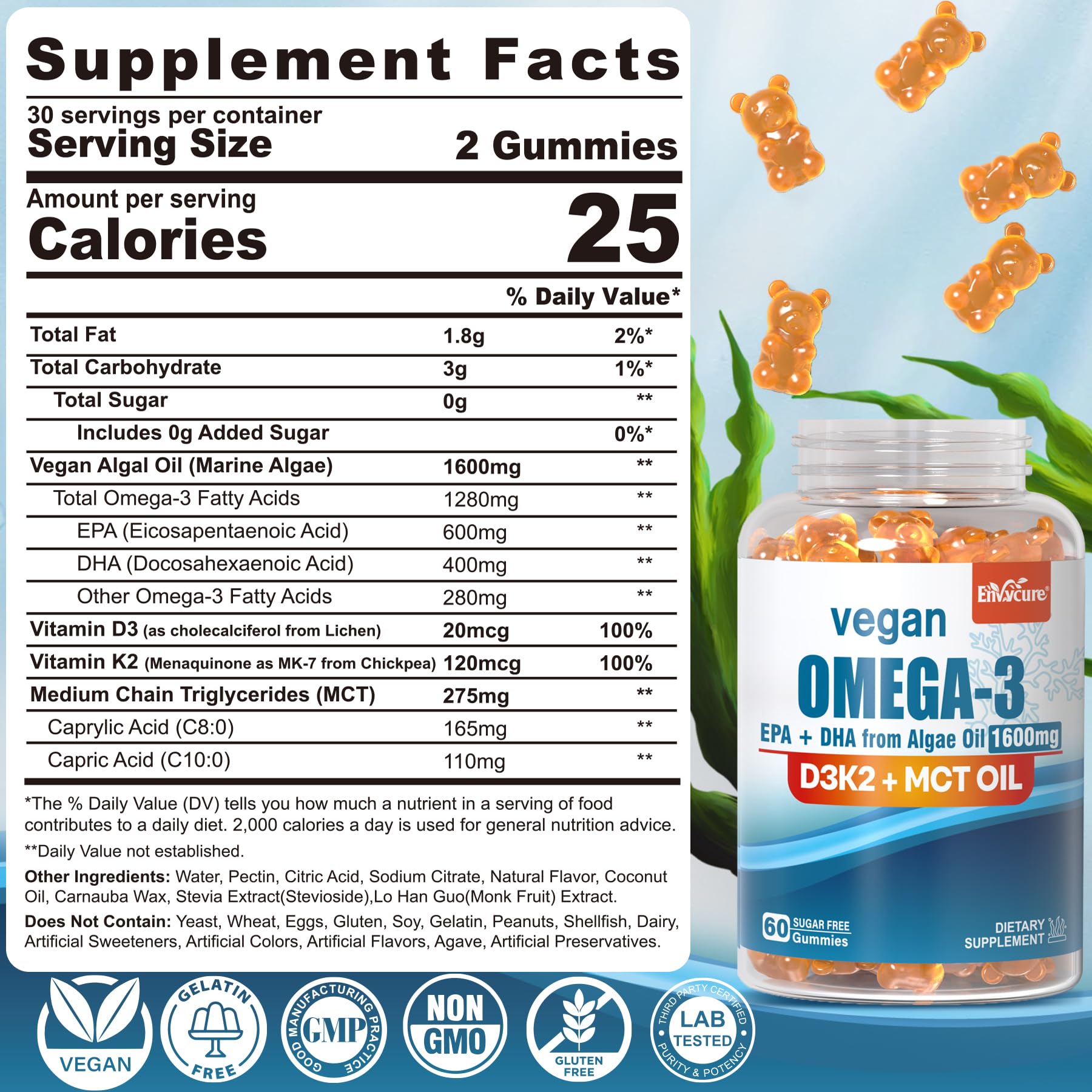 Vegan Omega-3 Gummies 1280mg + Vitamin D3 K2 (MK7) – Algae EPA 600mg & DHA 400mg, MCT Oil, Sugar Free