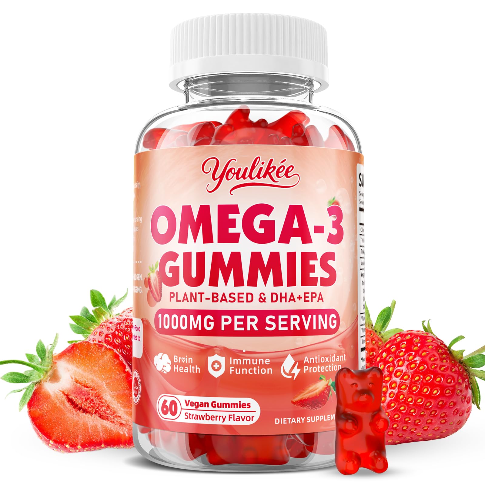 Vegan Omega-3 Gummies 1000mg | Algae DHA 460mg & EPA 230mg | Strawberry