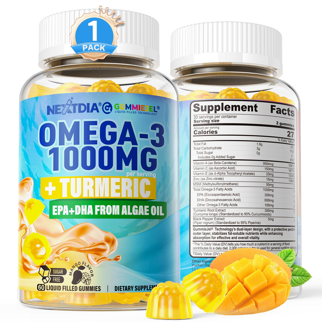 Vegan Omega-3 Gummies 1000mg + Turmeric | Algae DHA 600mg & EPA 300mg | Sugar Free, 60 Count