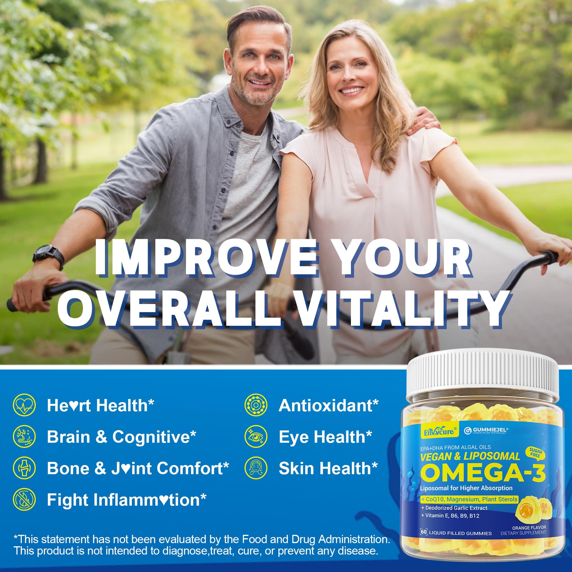 EnvyCure Vegan Omega-3 Gummies 1000mg + CoQ10 + Magnesium – EPA 600mg DHA 400mg, Liposomal Algae, 2-Pack