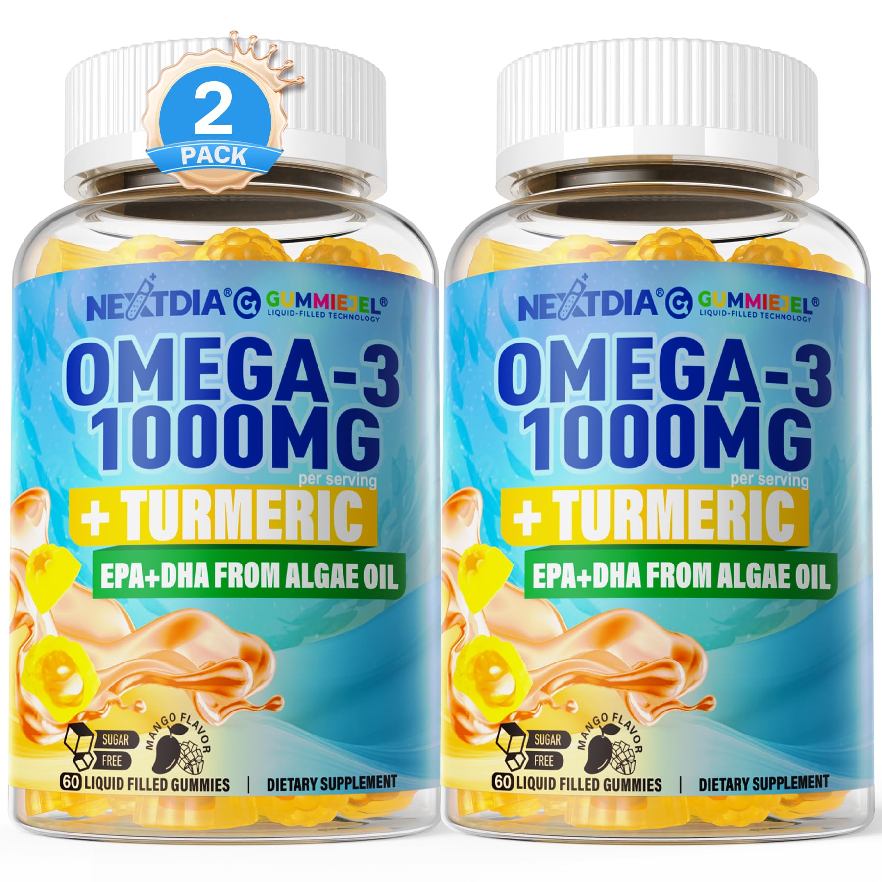 Nextdia Vegan Omega-3 Gummies 1000mg + Turmeric | Algae DHA 600mg & EPA 300mg, Sugar Free, 120 Gummies